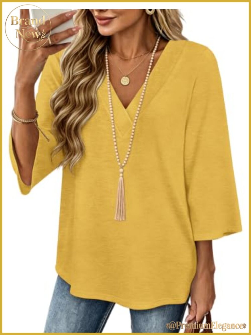 Womens 3/4 Sleeve V Neck Tunic Top Loose Fit Casual Blouse